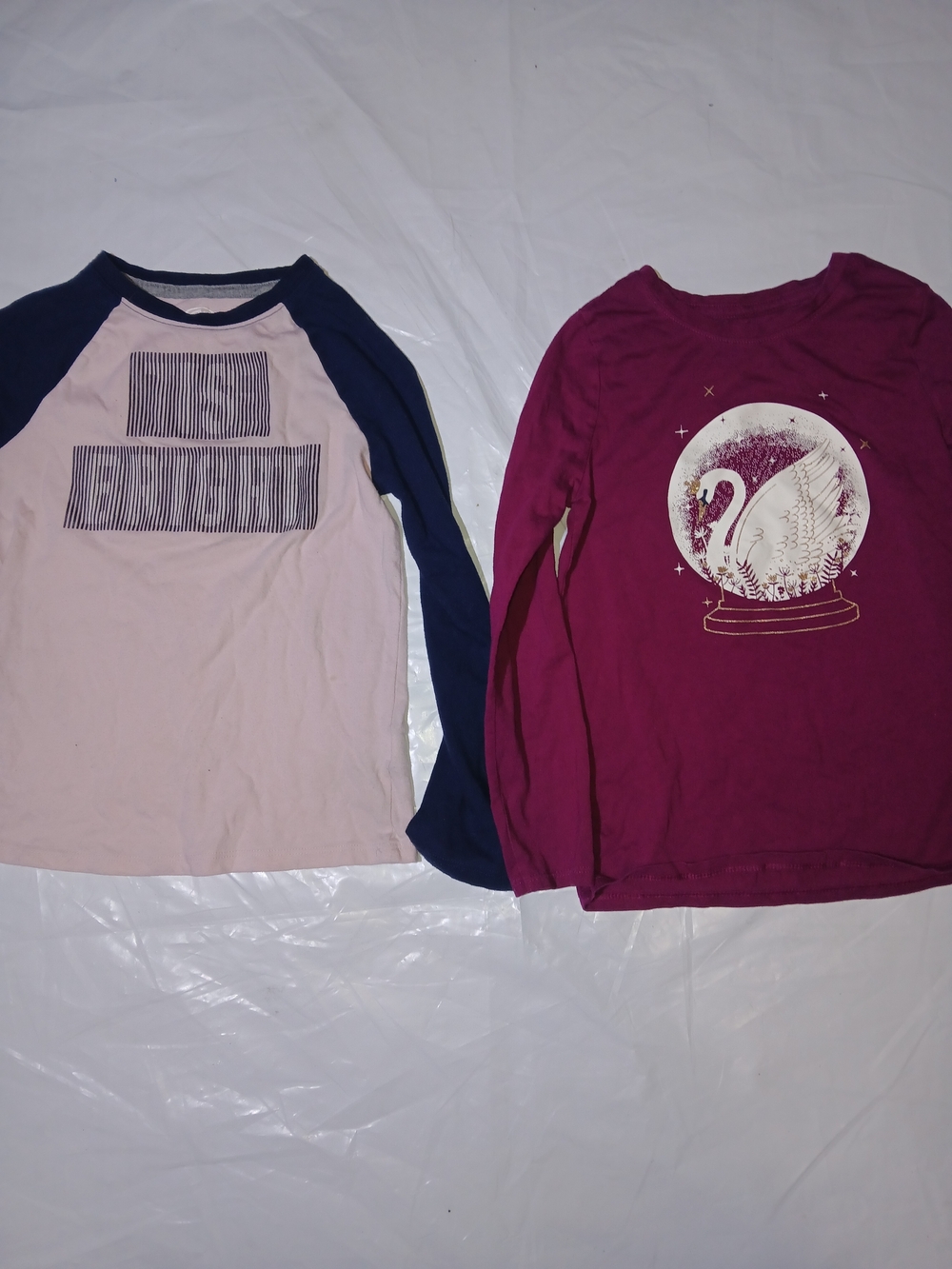 Girls Long Sleeve Crewneck Top 2‑Pack | Pink/Navy Raglan + Berry Swan Graphic |